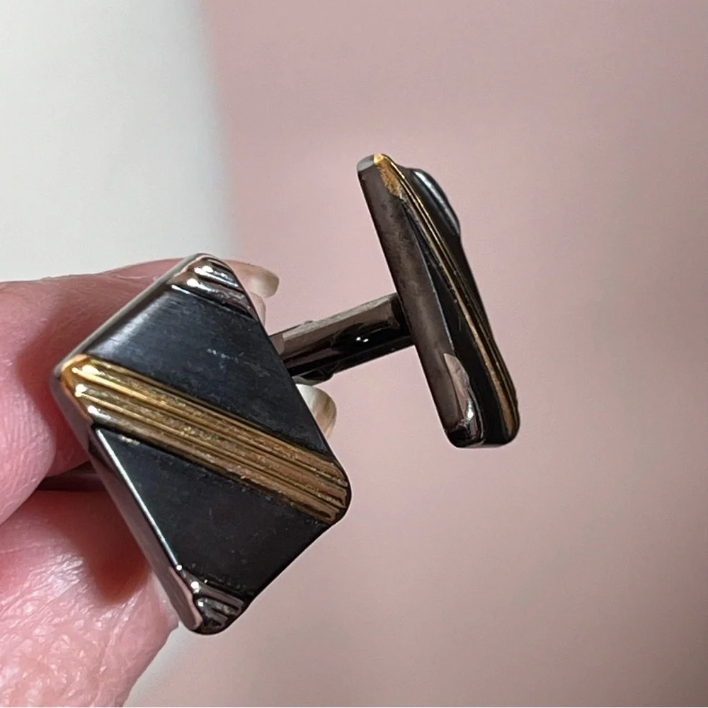 Vintage 1960 70 MCM Mod Art Deco Silver Black gold Mobking oversized Cufflinks